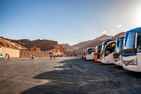 Parking at entrance to Valley of the kings, Egyptの写真素材