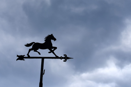 Horse-shaped weather vane against cloudy skyの写真素材
