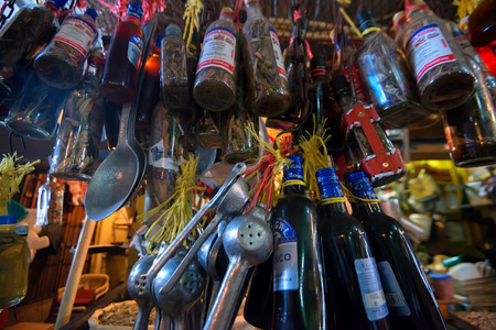 HIGUEY, DOMINICAN REPUBLIC - NOVEMBER 1, 2015: Souvenir bottles in Dominican marketのeditorial素材
