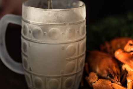 Boiled crayfish with beer on wooden backgroundの写真素材