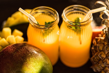 Glasses of juices. Refreshments and summer drinks.の写真素材