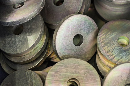 Close-up of steel washers or ring platesの写真素材