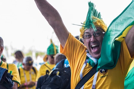 ROSTOV-ON-DON, RUSSIA - JUNE 17, 2018: Group of Brazilian soccer fansのeditorial素材