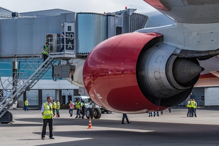 ROSTOV-ON-DON, RUSSIA - JUNE 17, 2018: Back view engine of red Boeing 777のeditorial素材