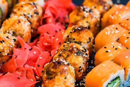 Japanese sushi rolls and ginger closeの写真素材