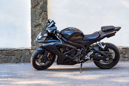 Modern sporbike parked in streetの写真素材