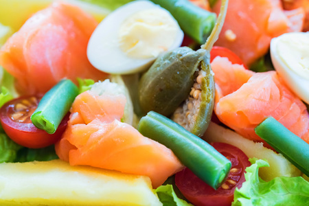 Fresh mixed salad with egg close upの写真素材