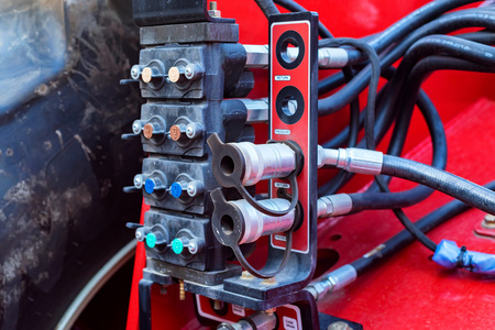 Close up lift hitch. Hydraulic equipment of a modern tractor