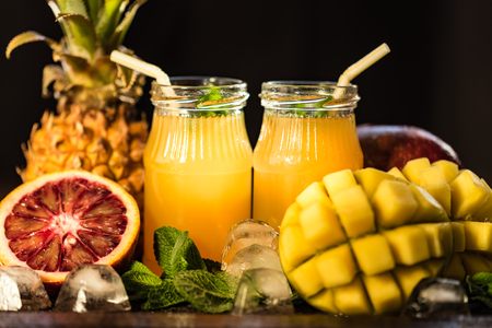 Glasses of juices. Refreshments and summer drinks.の写真素材