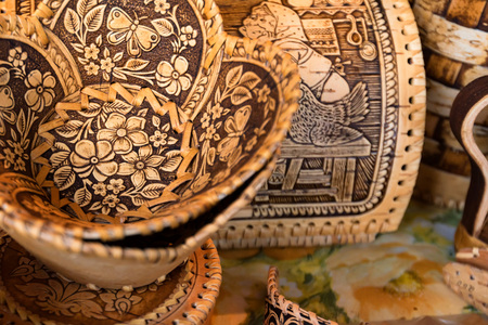 Wooden Russian souvenirs made of birch bark close up
