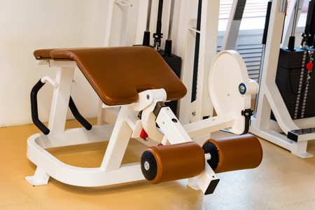 Empty lying leg curve exercise machine in modern gym