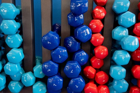 Stand with colorful dumbbells in modern gymの写真素材