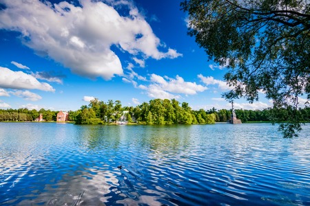 Beautiful landscape with pond in park in Tsarsloye Selo, Russiaの写真素材