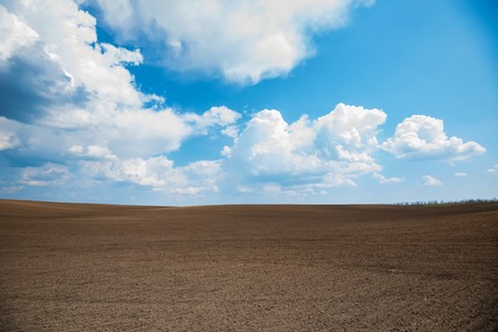 Empty brown soil of field and blue sky for naturalの写真素材
