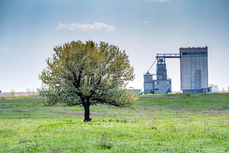 White grain elevator in green steppe natureの写真素材
