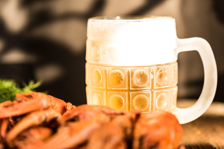 Boiled crayfish with beer on wooden backgroundの写真素材