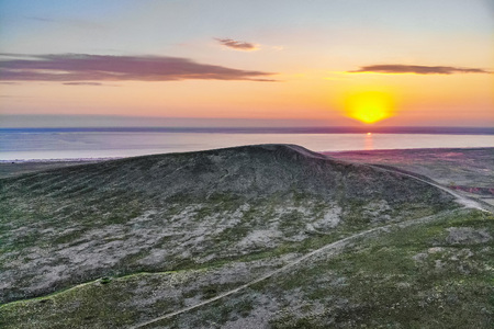 Beautiful landscape with sunset over saline lake Baskunchakの写真素材