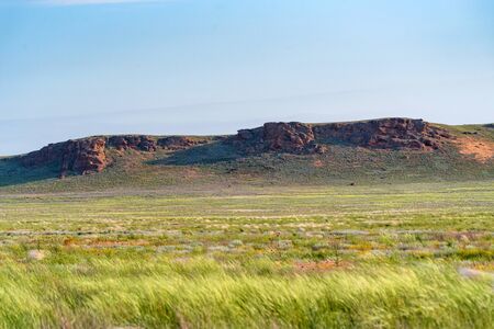 Beautiful distant view of Big Bogdo Mount in Astrakhan region, Russia