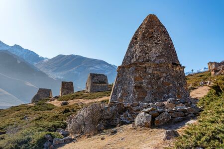 View of medieval tombs in City of Dead near Eltyulbyu, Sunny Russia in autumnの写真素材