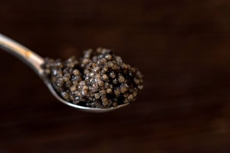 Close up of black sturgeon caviar in a silver spoonの写真素材