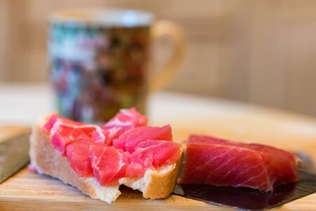Close up view of slices of fresh tuna fillet for breakfast
