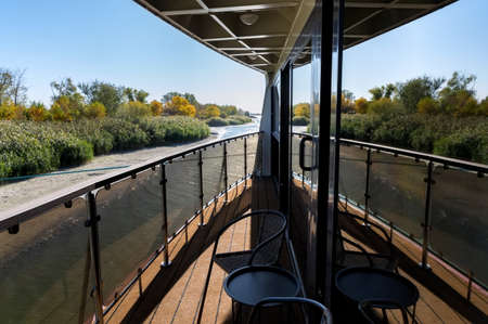River cruise ship in the rays of the summer sun