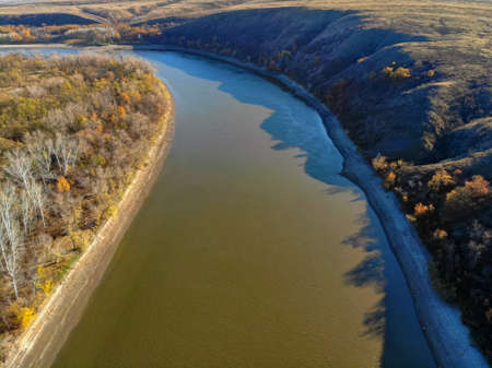 Aerial view of steppe and Seversky Donets in Russia. Beautiful autumn landscape