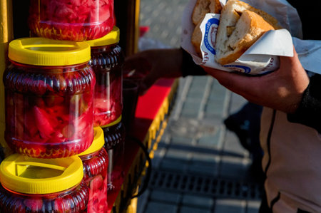 ISTANBUL, TURKEY - 9 DECEMBER 2020: pickles and sandwich on turkish market
