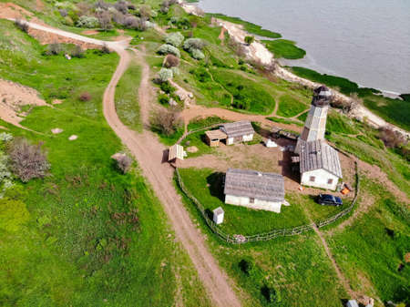 Beautiful landscape with lighthouse near sea top view