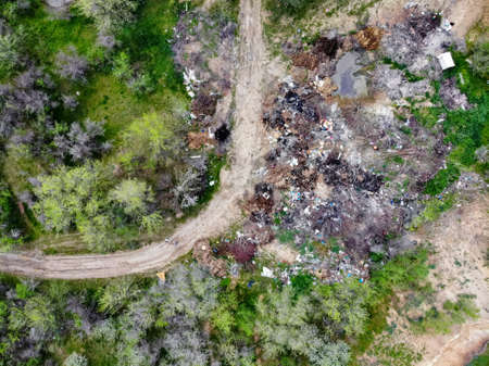 Pollution in the middle of the spring green steppe from a birds eye viewの写真素材
