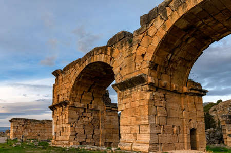 The ruins of the Basilica Bath of Hierapolis, Pamukkale, Turkeyの写真素材