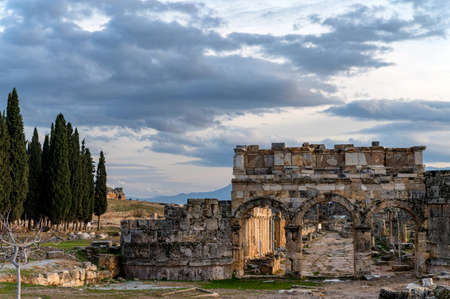 Ruins of the Domitian gates in ancient city of Hierapolis in Turkeyの写真素材