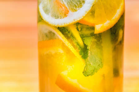 Homemade lemonade with fruit and mint. Closeupの写真素材