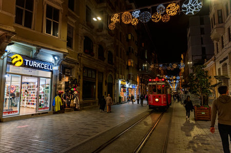 Istanbul, Turkey - 9 DECEMBER 2020: old red retro tram on Istanbul streetのeditorial素材