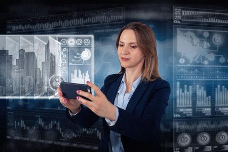 Young business lady in futuristic office. Global corporate concept