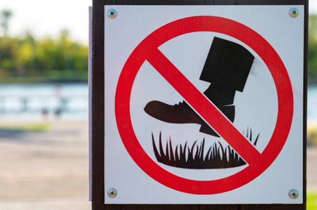 Close up no walking on grass signの写真素材