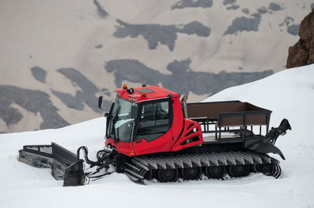 Ratrack preparing a slope for riding, close-up photo.の写真素材