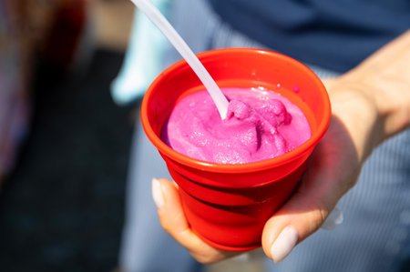 Wine ice cream in red cup, close-up photo.の写真素材