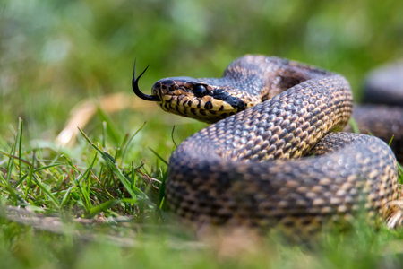 Close-up of blotched snake or Elaphe sauromates showing its tongueの素材 [FY310197913962]