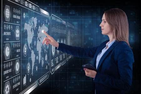Young business lady in futuristic office with HUD. Global corporate conceptの写真素材