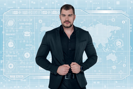 Business man in futuristic office. Global corporate concept. Successの写真素材