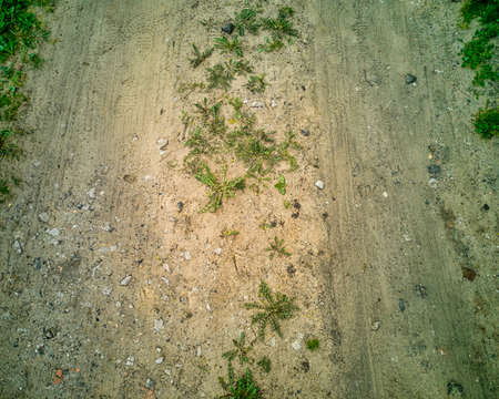 Abstract high contrast close-up of rocky gravel driveway road with winter tire imprint in brown sand with few grass areas in backgroundの写真素材