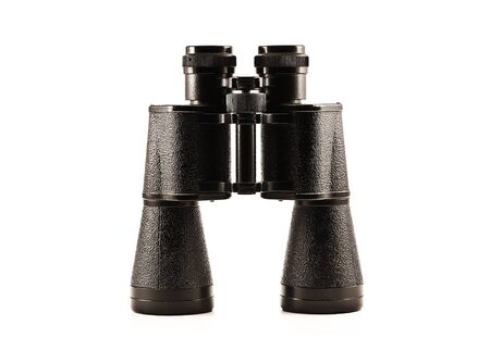 Black glossy metallic binoculars on the white backgroundの写真素材