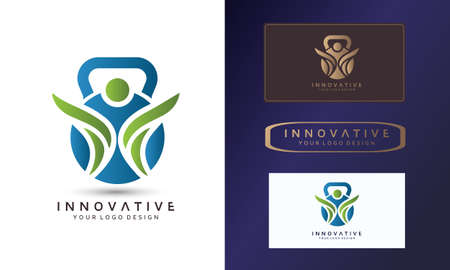 yoga logo design, physical fitness with dumbbell icon, symbol vector illustration design templateのイラスト素材