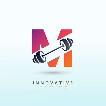 Letter M Fitness logo design. Dumbbell icon Vector logo design template.のイラスト素材