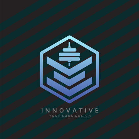 Gym modern logo with dumbbell icon. Virtual CrossFit and fitness vector official logo template.のイラスト素材