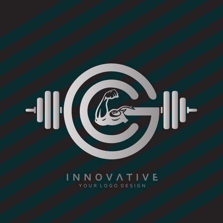 Letter CG Personal Trainer and Massage therapist with dumbbell icon. Virtual CrossFit and fitness vector official logo template.のイラスト素材