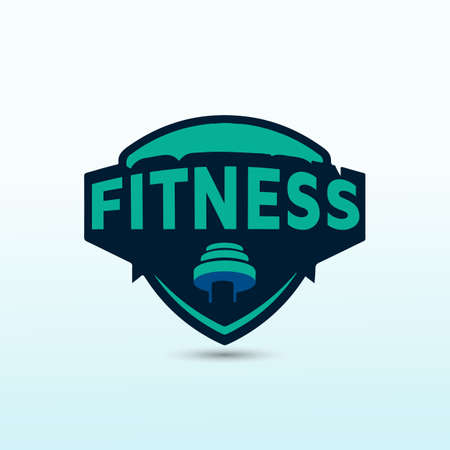 fitness training and nutrition coaching with dumbbell icon. Virtual CrossFit and fitness vector official logo template.のイラスト素材