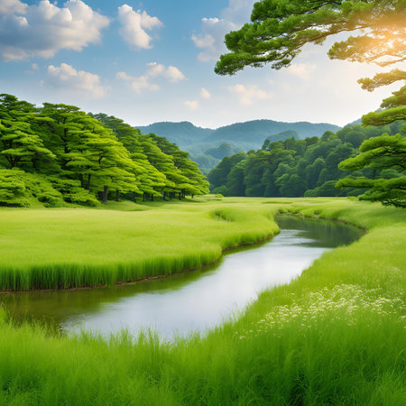 Beautiful landscape with green meadow and river in South Korea.の素材