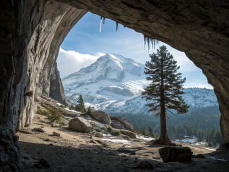 View from the cave to the snow-capped mountains and coniferous forestの素材